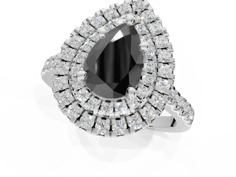 Fancy Black Pear-Shaped Lab-Grown Diamond Double Halo Statement Ring Set in Platinum with Pavé Band
