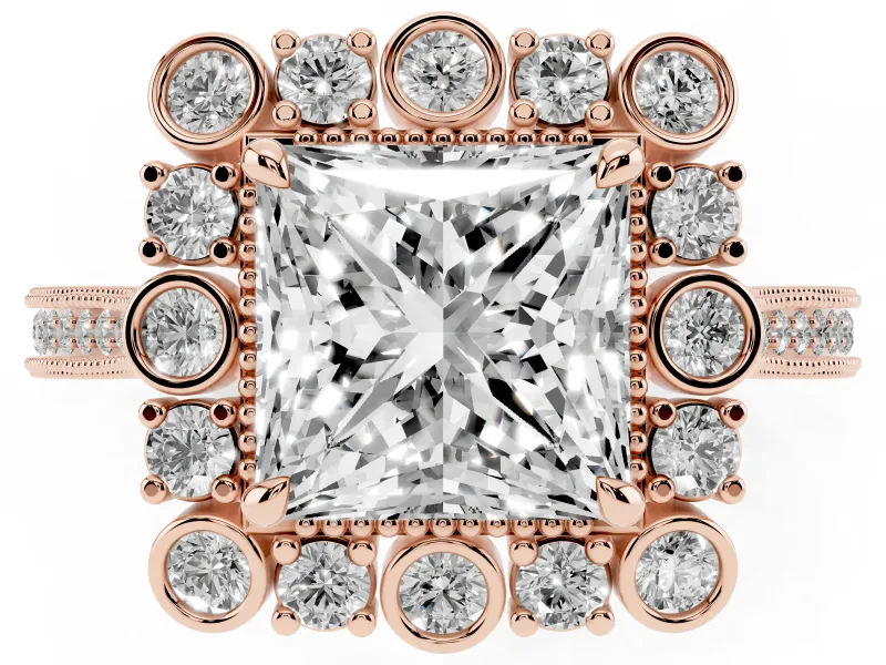 Princess Cut Diamond Halo Milgrain Pavé Ring Set in Rose gold with Prong Setting