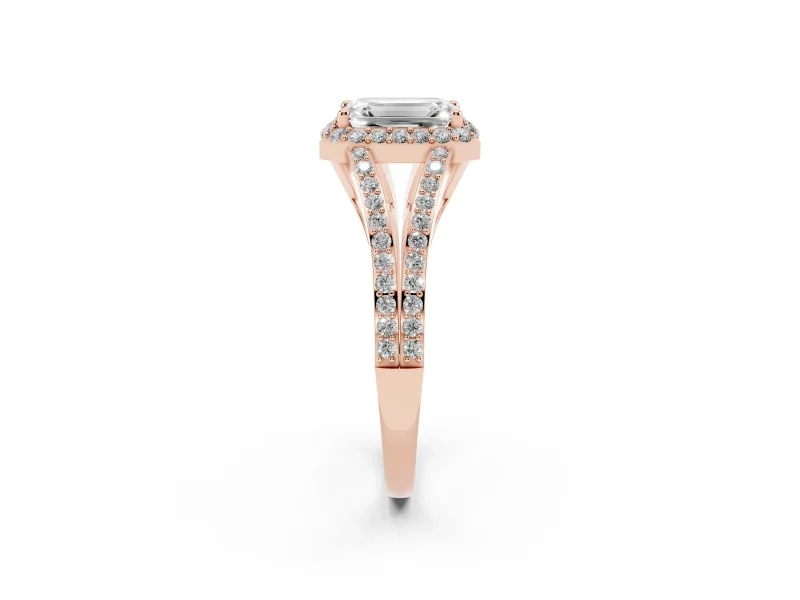 Emerald Cut Halo Engagement Ring Setting | V-Split Pavé Band | Rose Gold
