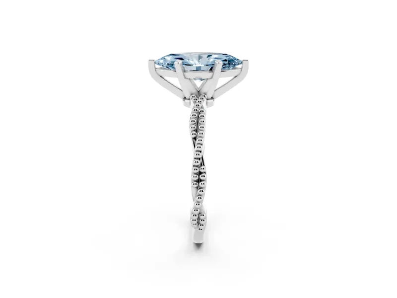 Fancy Blue Marquise Cut Diamond Solitaire Ring Set in Silver with Twisted Band and Bead Prong Setting