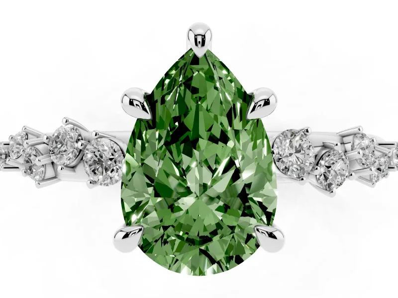Fancy Green Pear Cut Diamond Solitaire Vine Band Ring Set in Silver with Round Accents and Prong Setting