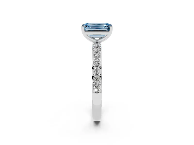 Fancy Blue Emerald Cut Diamond Solitaire Set in White gold with Round Pavé Band and Prong Setting