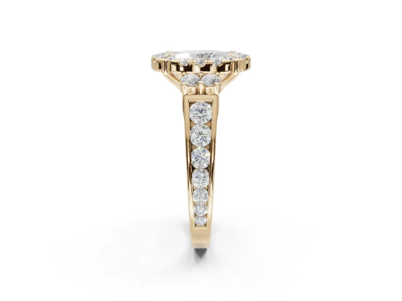 Oval Halo Side Cluster Engagement Ring Setting | Graduated Channel Band | Yellow Gold