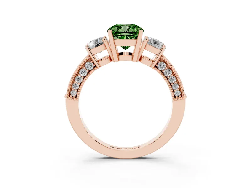 Cushion Cut Three Stone Engagement Ring Setting for a Fancy Green Lab-Grown Diamond | Graduated Pave Band | Rose Gold