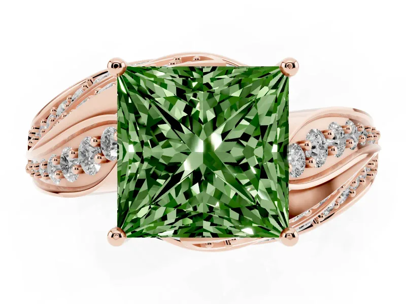Princess Cut Bypass Hidden Halo Engagement Ring Setting for a Fancy Green Lab-Grown Diamond | Graduated Pavé | Rose Gold
