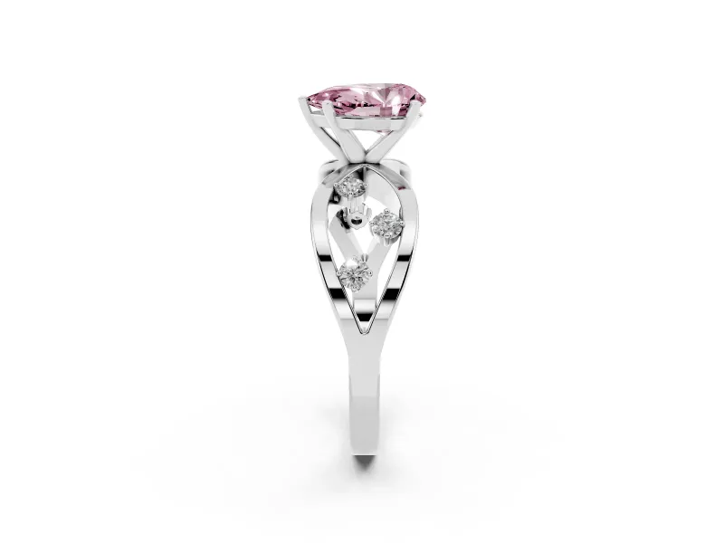 Fancy Pink Pear Cut Diamond Solitaire Ring Set in Silver with Side Stones on Criss-Cross Band and Prong Setting