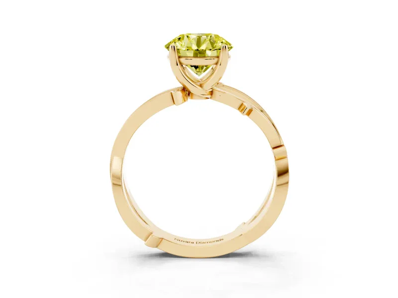 Fancy Yellow Round Cut Diamond Pavé Twist Band Solitaire Ring Set in Yellow gold with Prong Setting
