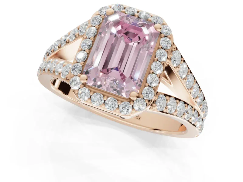 Emerald Cut Halo Pavé Engagement Ring Setting for a Fancy Pink Lab-Grown Diamond | Narrow Split Shank | Rose Gold