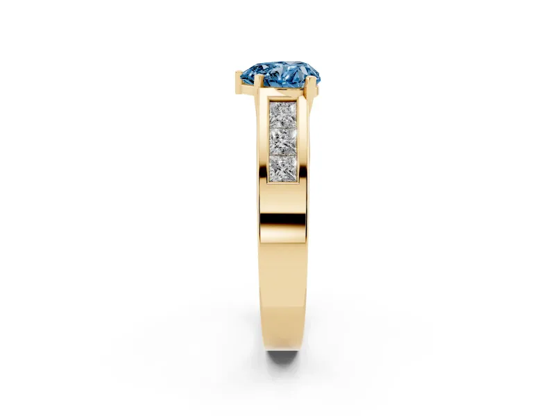 Fancy Blue Heart Cut Diamond Solitaire Ring Set in Yellow gold with Channel-Set Accent Stones and Prong Setting