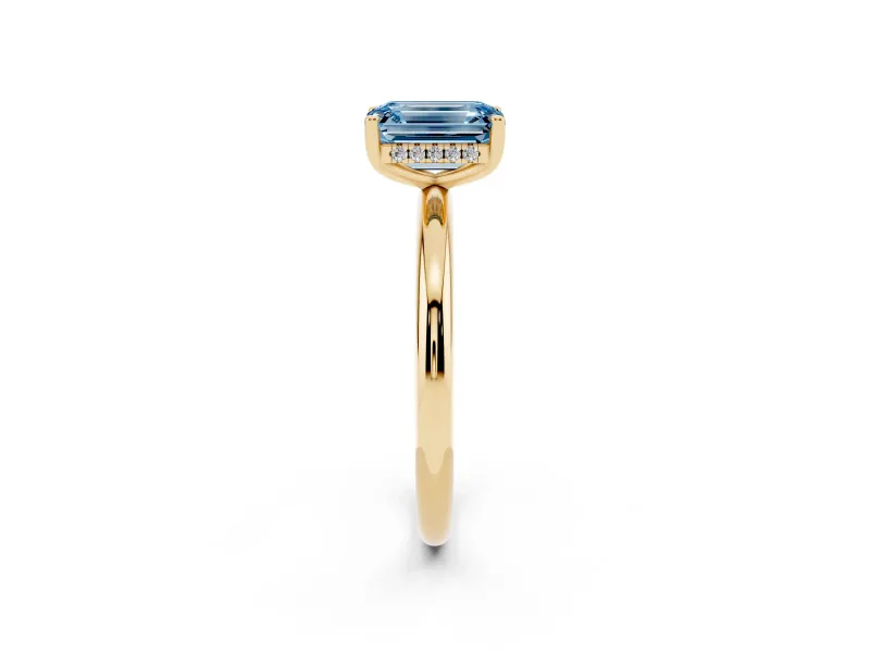 Emerald Cut Hidden Halo Engagement Ring Setting for a Fancy Blue Lab-Grown Diamond | Plain Band | Yellow Gold