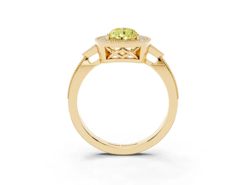 Fancy Yellow Pear Cut Diamond Halo Engagement Ring Set in Yellow gold with Milgrain Pavé Band