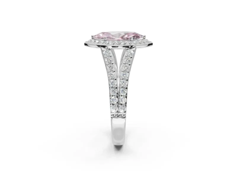 Marquise Halo Pavé Engagement Ring Setting for a Fancy Pink Lab-Grown Diamond | Narrow Split Shank | White Gold