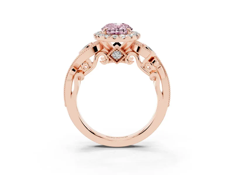 Fancy Pink Oval Cut Diamond Halo Ring Set in Rose gold with Milgrain Pavé Band and Prong Setting
