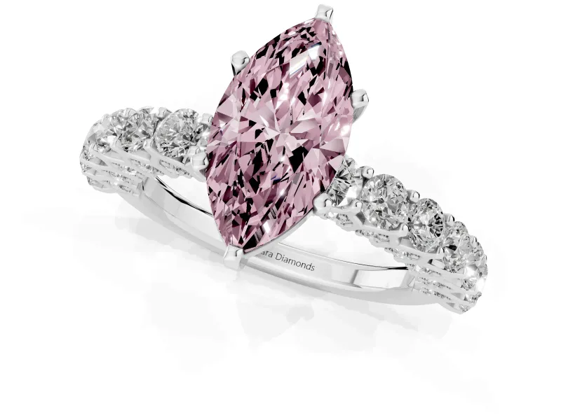 Fancy Pink Marquise Cut Diamond Solitaire Ring Set in Silver with Shared Prong Pavé Band