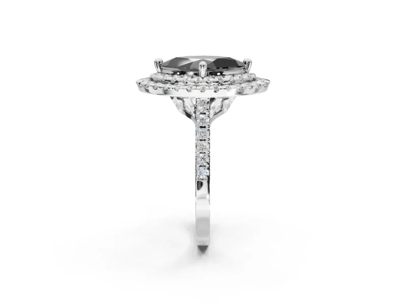 Marquise Double Halo Engagement Ring Setting for a Black Center | Pavé Shoulders | White Gold