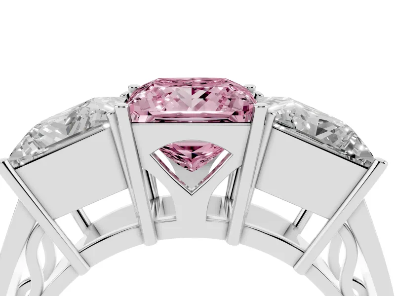 Princess Cut Three Stone Engagement Ring Setting for a Fancy Pink Lab-Grown Diamond | Beaded Shoulders | Platinum