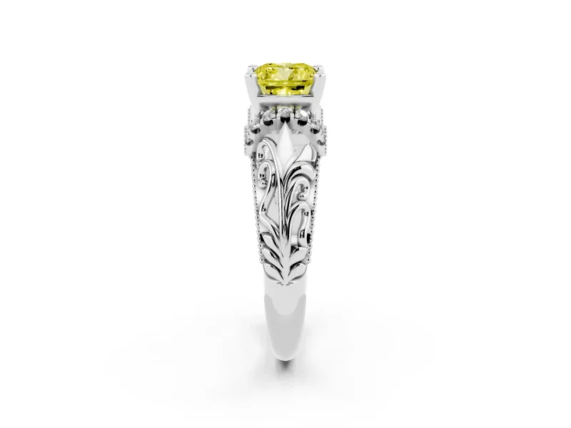 Fancy Yellow Cushion Cut Diamond Filigree Halo Engagement Ring Set in Platinum with Prong Setting