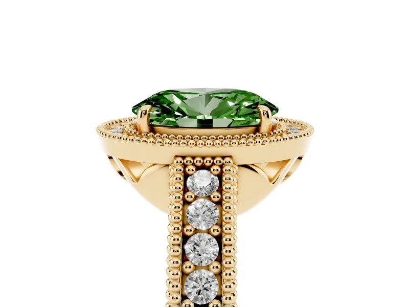 Fancy Green Oval Cut Diamond Halo Ring Set in Yellow gold with Round Accent Halo, Pavé Band and Prong Setting