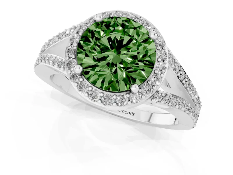 Round Halo Engagement Ring Setting for a Fancy Green Lab-Grown Diamond | Pave Split Shank | Platinum