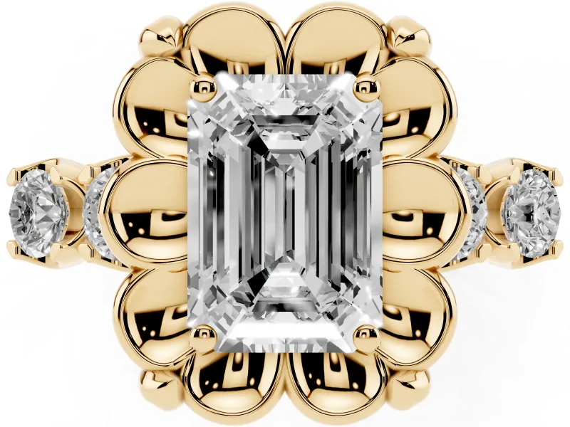 Emerald Cut Floral Engagement Ring Setting | Petal Frame and Side Stones | Yellow Gold