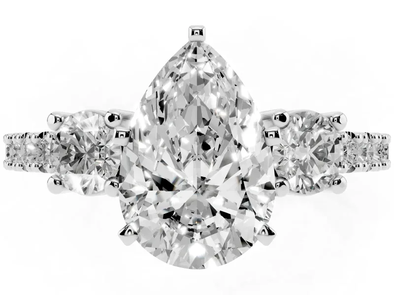 Three-Stone Pear Cut Diamond Pavé Band Ring Set in Silver with Prong Setting