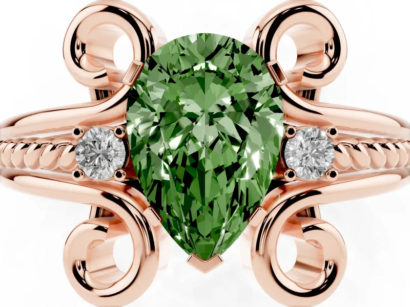 Fancy Green Pear Cut Diamond Twisted Band Solitaire Ring Set in Rose gold with Scroll Prongs