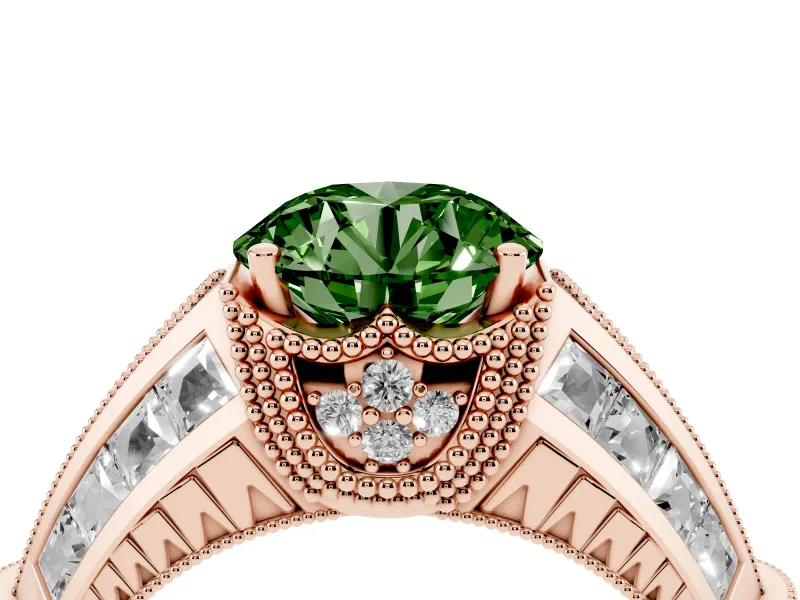 Round Vintage Milgrain Engagement Ring Setting for a Fancy Green Lab-Grown Diamond | Hidden Halo | Rose Gold
