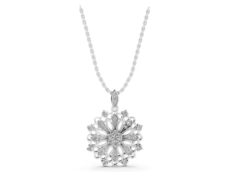 Round Lab-Grown Diamond Cluster Milgrain Floral Pendant Necklace | Openwork Medallion | White Gold