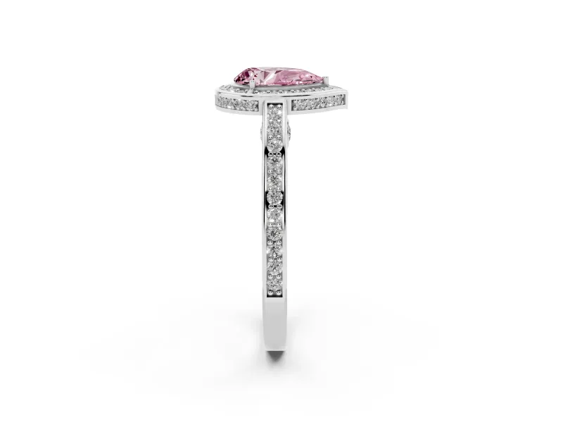Fancy Pink Pear Cut Diamond Halo Pavé Split Shank Ring Set in Silver with Prong Setting