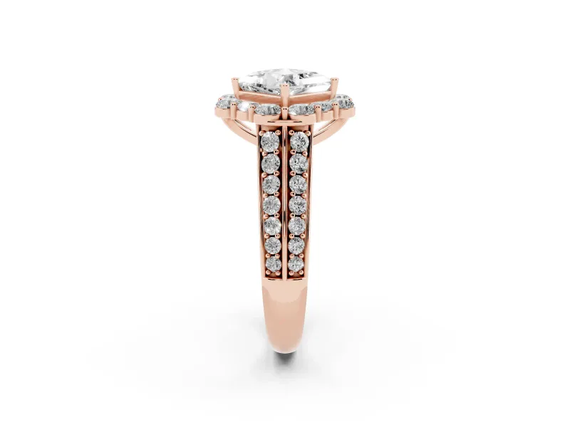 Princess Cut Large Accent Halo Engagement Ring Setting | Graduated Pavé | Rose Gold