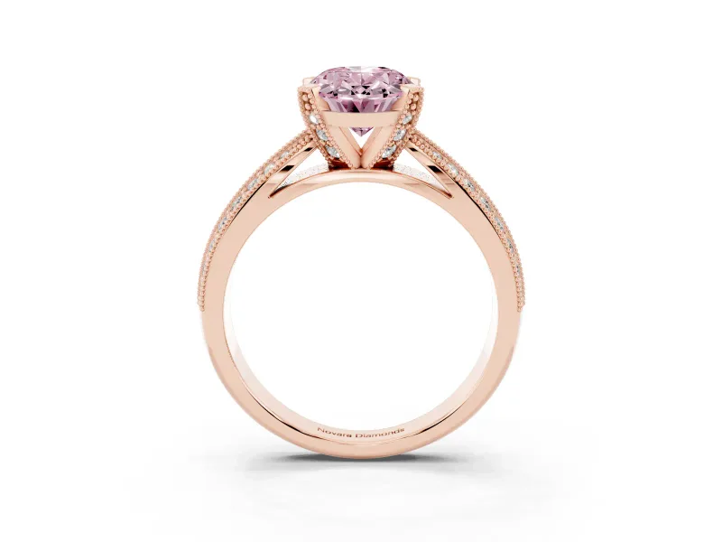 Fancy Pink Oval Cut Diamond Solitaire Ring Set in Rose gold with Milgrain Double Row Round Pavé Band