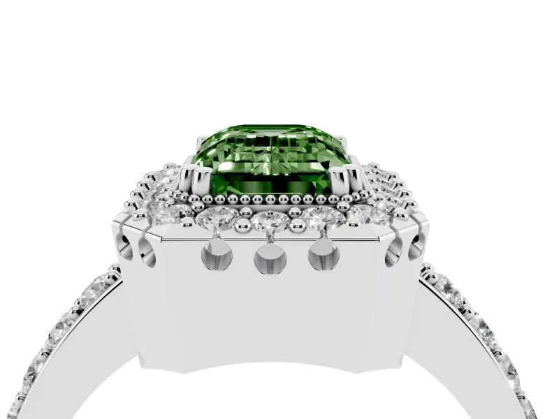 Emerald Cut Milgrain Halo Engagement Ring Setting for a Fancy Green Lab-Grown Diamond | Pavé Shoulders | White Gold