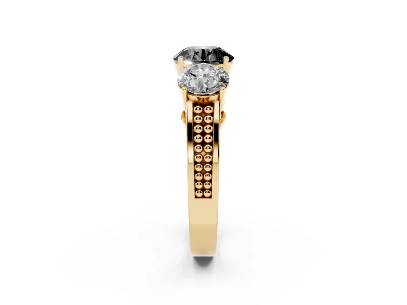 Round Three Stone Engagement Ring Setting for a Black Center | Beaded Shoulders | Yellow Gold