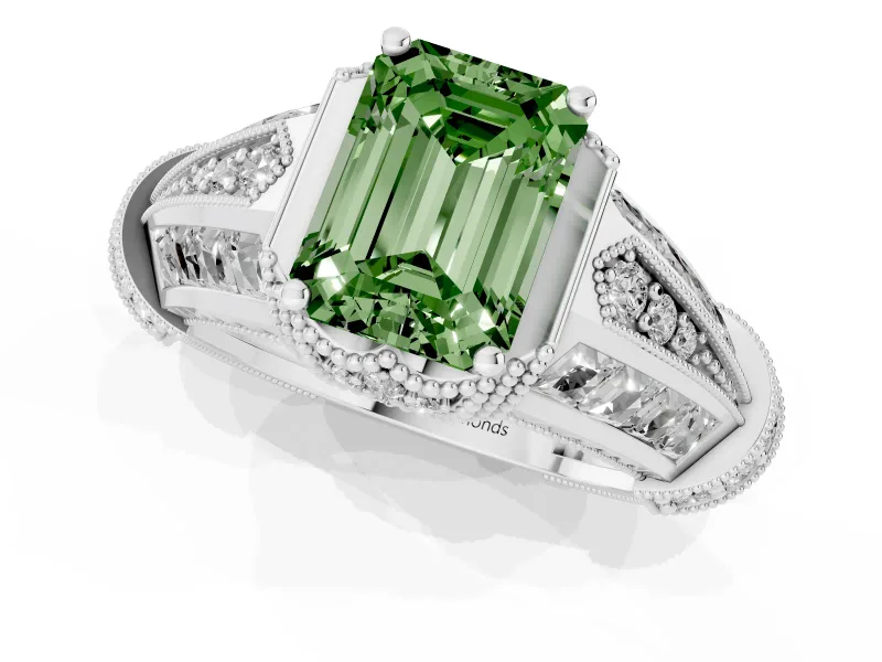 Fancy Green Emerald Cut Diamond Vintage-Inspired Milgrain Ring Set in White gold with Accent Split Shank