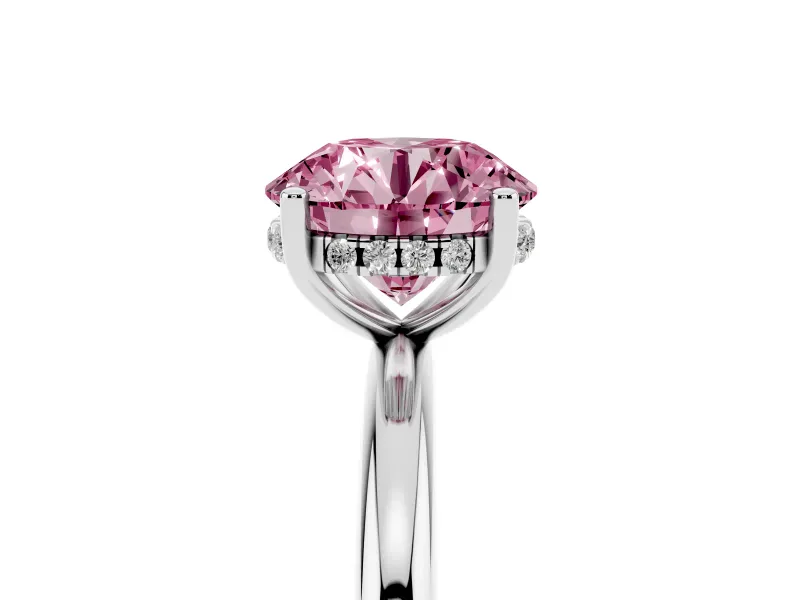 Fancy Pink Round Cut Diamond Solitaire Engagement Ring Set in White gold with Prong Setting and Polished Band