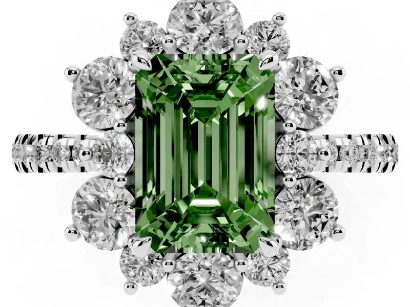 Fancy Green Emerald Cut Diamond Floral Halo Ring Set in Platinum with Round Pavé Band and Prong Setting