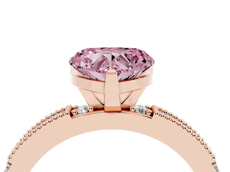 Fancy Pink Heart Cut Diamond Solitaire Ring Set in Rose gold with Slim Pavé Band and Prong Setting