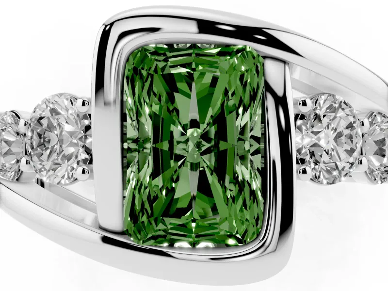 Fancy Green Radiant Cut Diamond Bezel Bypass Ring Set in Platinum with Round Accents