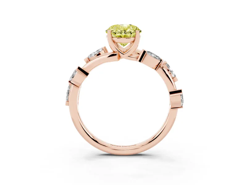 Fancy Yellow Oval Cut Diamond Solitaire Ring Set in Rose gold with Twisted Marquise Accent Band