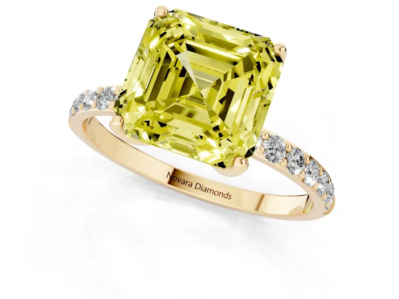 Asscher Cut Pave Solitaire Engagement Ring Setting for a Fancy Yellow Lab-Grown Diamond | Slim Band | Yellow Gold