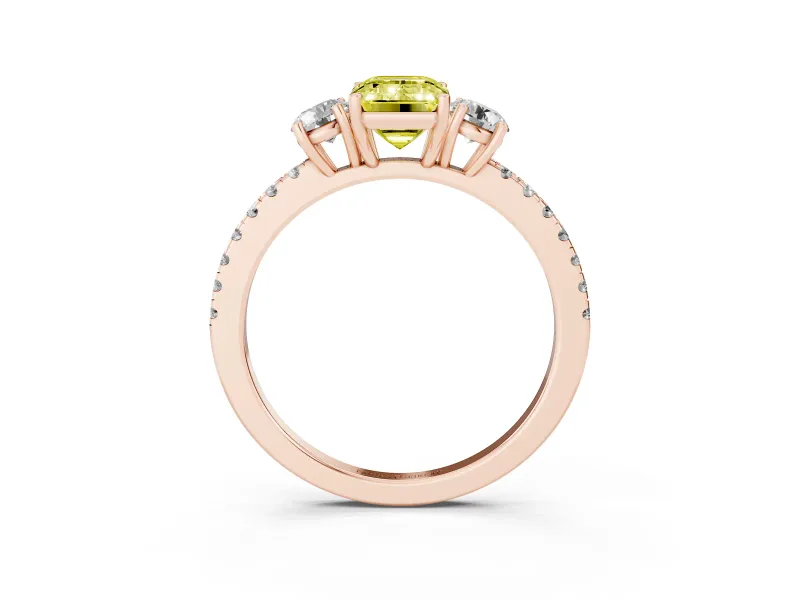 Emerald Cut Three Stone Engagement Ring Setting for a Fancy Yellow Lab-Grown Diamond | Pave Shoulders | Rose Gold