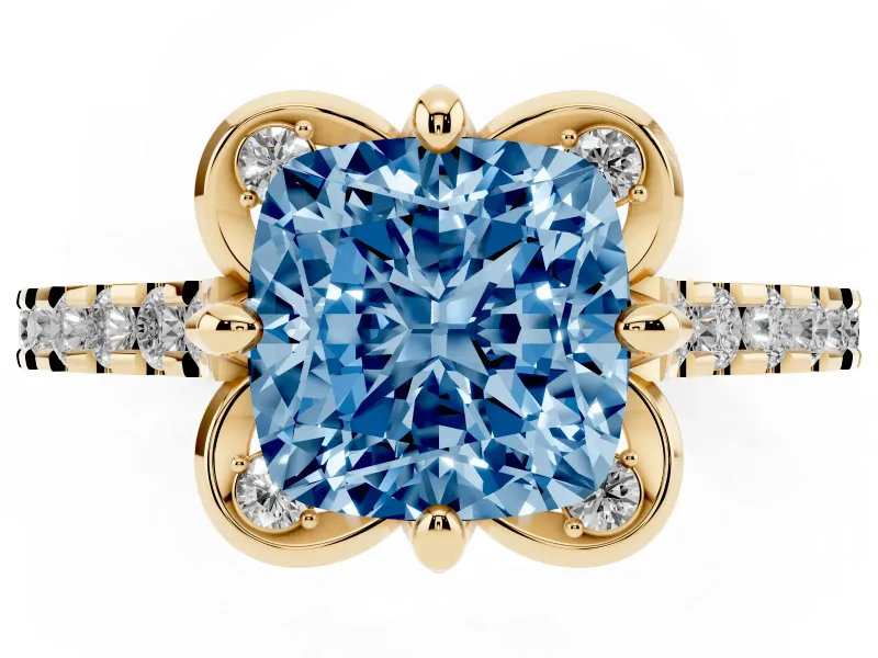Cushion Cut Floral Petal Engagement Ring Setting for a Fancy Blue Lab-Grown Diamond | Petal Accents | Yellow Gold