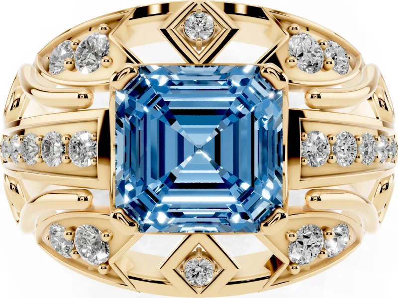 Asscher Cut Art Deco Engagement Ring Setting for a Fancy Blue Lab-Grown Diamond | Yellow Gold