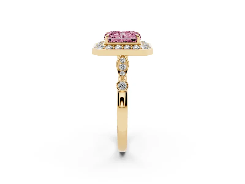 Radiant Cut Halo Engagement Ring Setting for a Fancy Pink Lab-Grown Diamond | Bezel Station Shoulders | Yellow Gold
