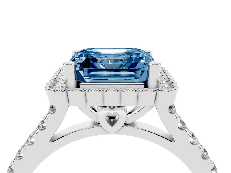 Fancy Blue Asscher Cut Diamond Milgrain Floral Halo Engagement Ring Set in Platinum with Pavé Band