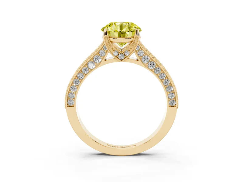 Round Hidden Halo Engagement Ring Setting for a Fancy Yellow Lab-Grown Diamond | Milgrain Pave | Yellow Gold