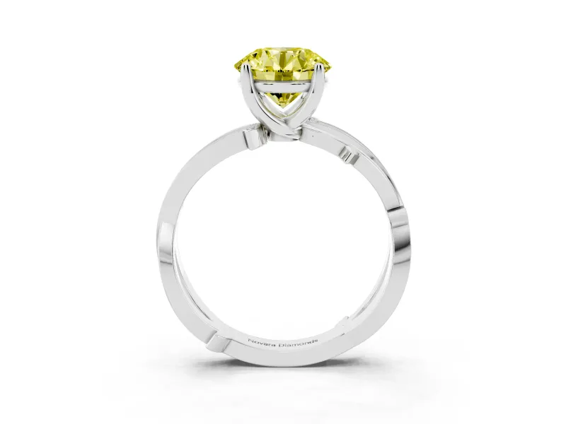 Fancy Yellow Round Cut Diamond Pavé Twist Band Solitaire Ring Set in White gold with Prong Setting