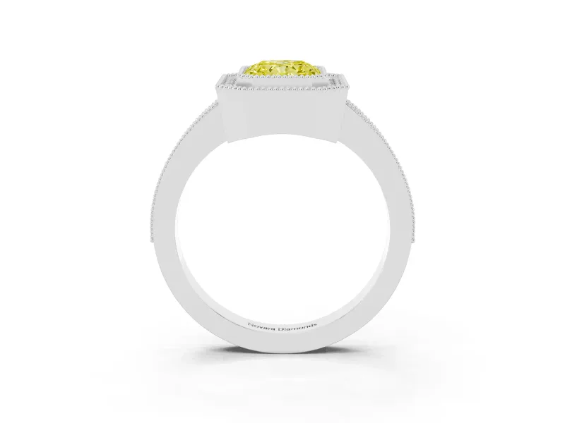 Fancy Yellow Radiant Cut Diamond Halo Engagement Ring Set in White gold with Pavé Band and Round Halo Stones