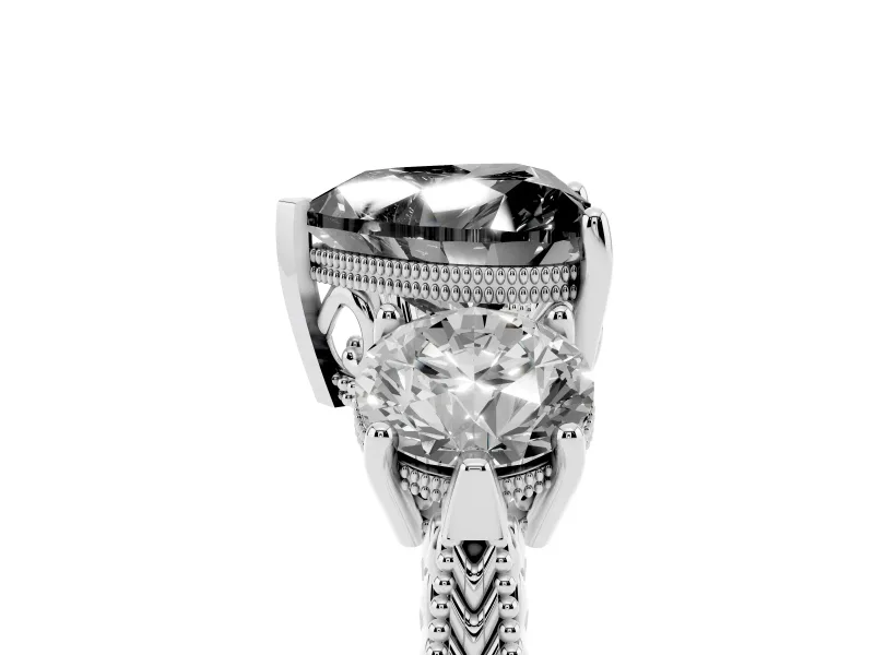 Fancy Black Heart Cut Diamond Three-Stone Ring Set in White gold with Milgrain Band