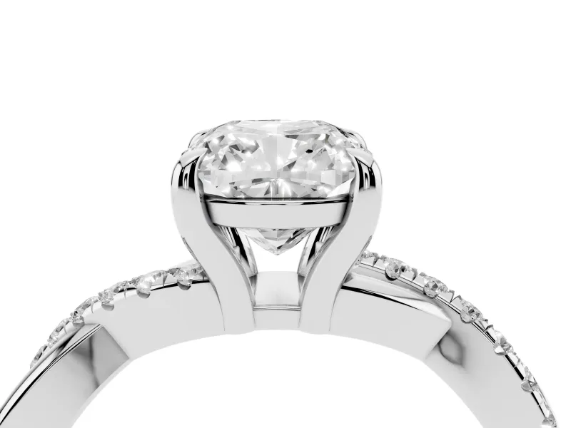Cushion Cut Diamond Twist Band Solitaire Set in White gold with Pavé Accents and Prong Setting
